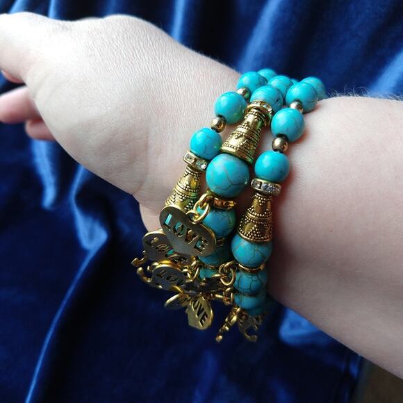Turquoise Arm Stack 3 Bracelet Set blue beads gold Love & Anchor charms - Picture 2 of 8